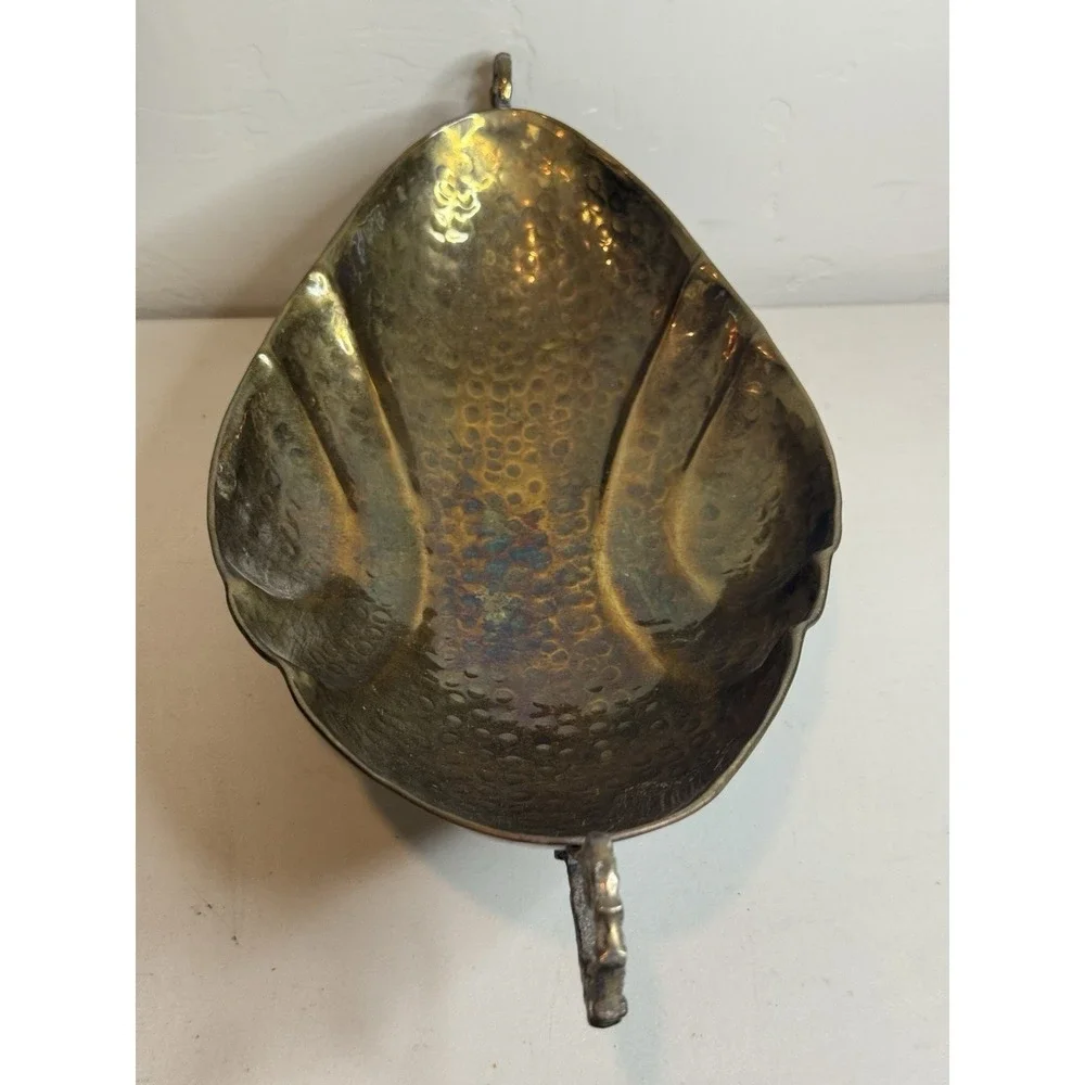 Vintage Hammered Brass Console Fruit Bowl with Side Handles & Scalloped Sides